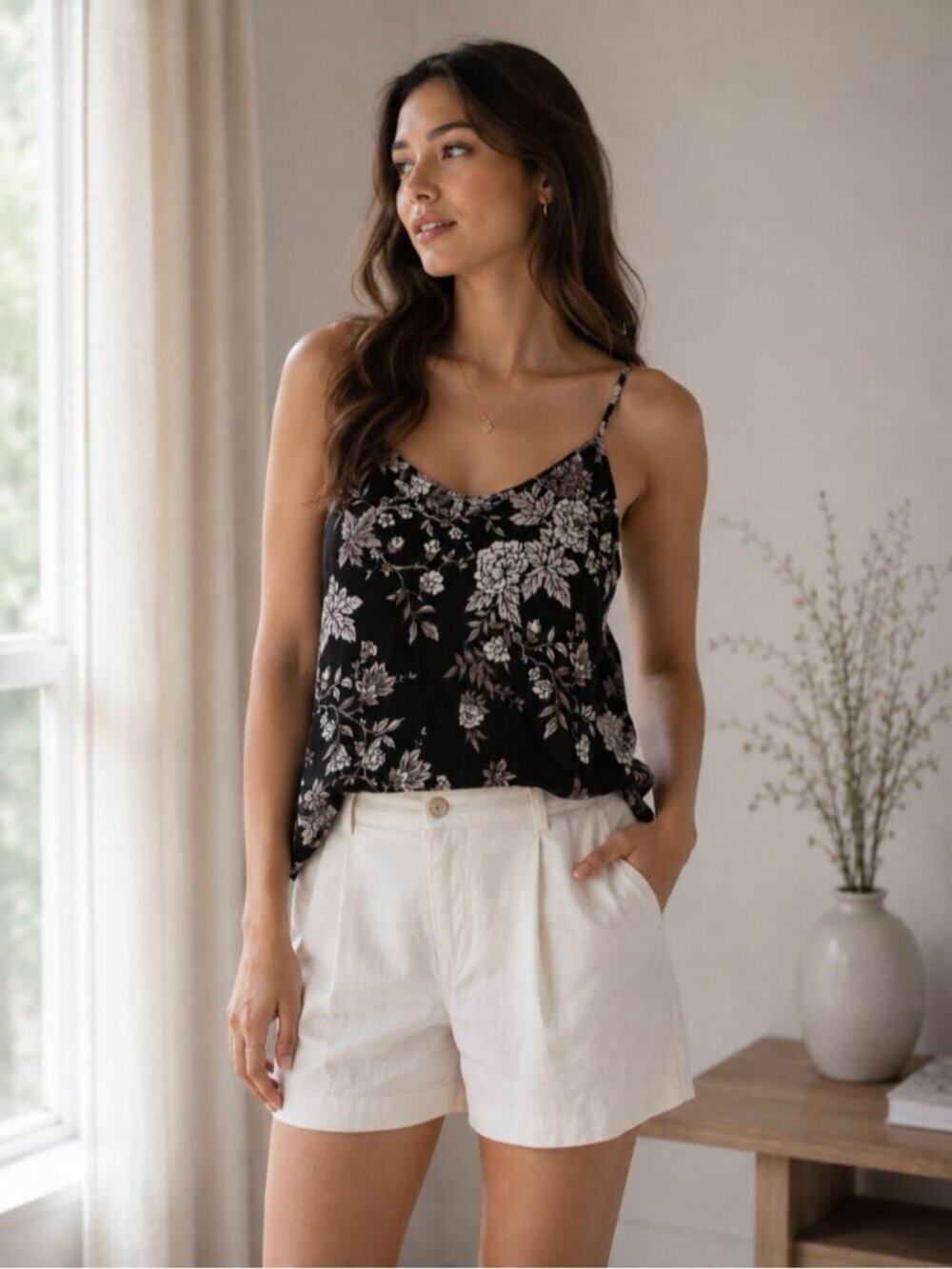 Wilfred Black Pink Floral Silk Camisole Spaghetti Strap Top S 0782